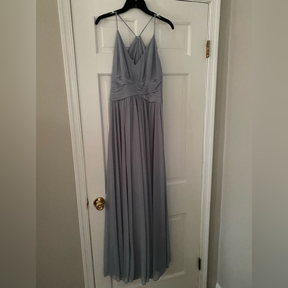 DB Studios Celebrate Dusty Blue mesh v-neck ruched waist spaghetti strap size 6